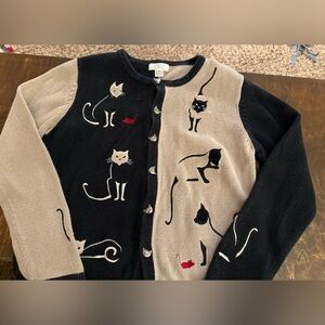 Vintage 2003 Christopher & Banks Cat Sweater Cardigan Ramie Cotton Embroidered